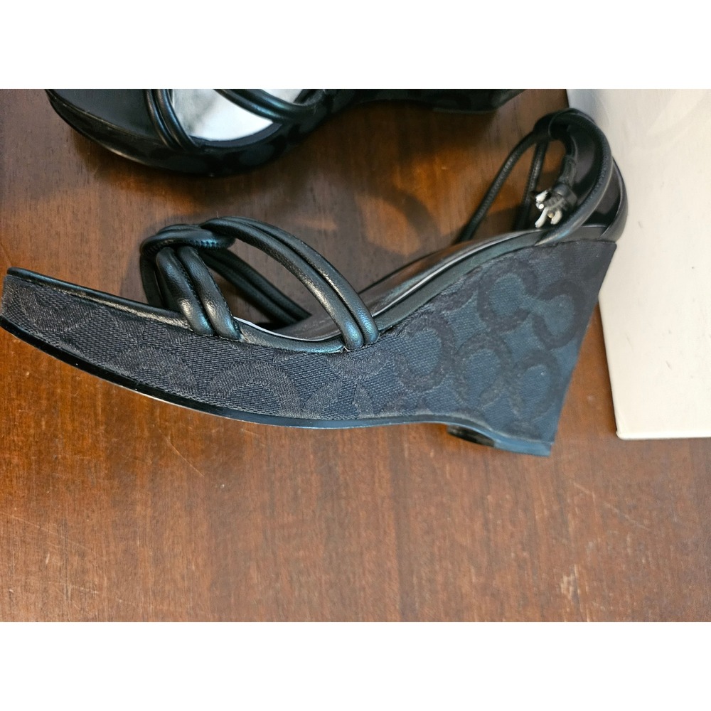Coach Kinsey Soft Nappa Wedge Sandals Womens 7.5 Black Signature Jacquard A3577 - Picture 9 of 11